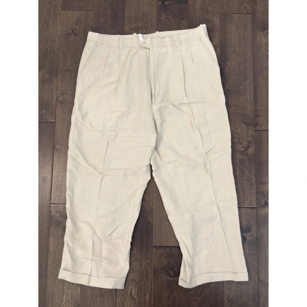 Kilburne & Fitch Summer Comfort Mens Tan Beige Pleated Linen Pants Size 38X26